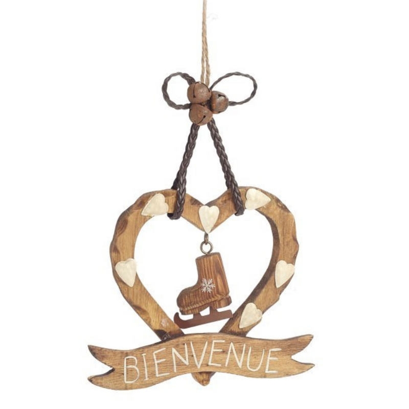 Christmas ornement for tree or decor, wood heart with skate and welcome