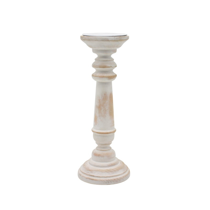 Small Round Wood Pillar Candle Holder - Antique White